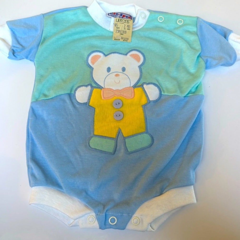Vintage Doe Spun Baby Romper – 3/6 Months – Teddy Bear Appliqué